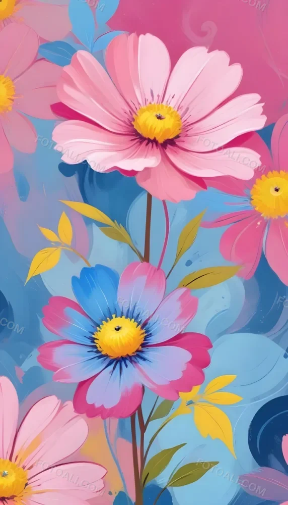Digital Painting Large Pink Flowers With Blue Centers And Smaller Yellow Flowers Against A Soft Blue And Pink Background With Abstract Swirls Bold And Slim Lines Brush Strokes 86 9814