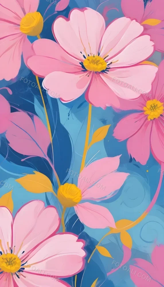 Digital Painting Large Pink Flowers With Blue Centers And Smaller Yellow Flowers Against A Soft Blue And Pink Background With Abstract Swirls Bold And Slim Lines Brush Strokes 88 2e53