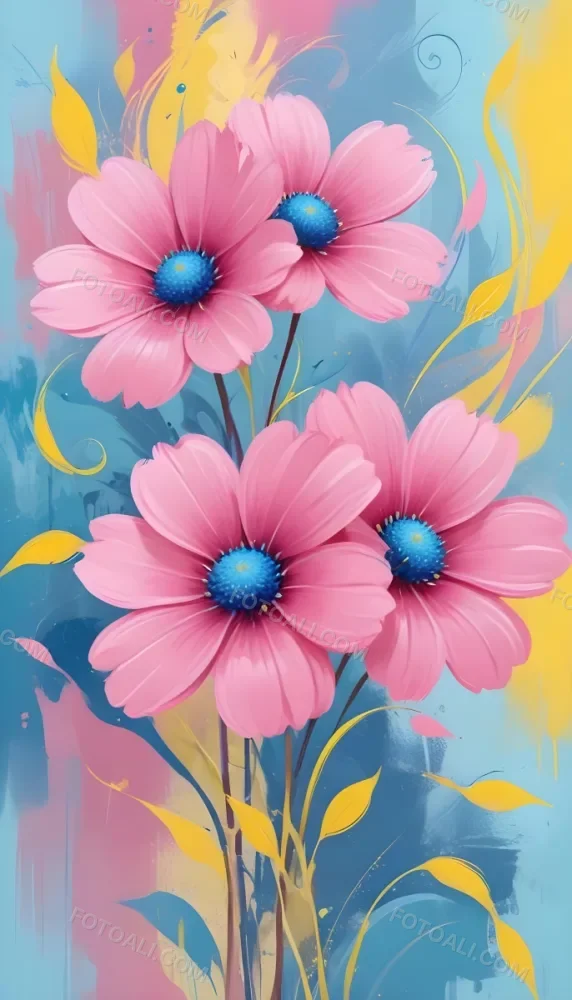 Digital Painting Large Pink Flowers With Blue Centers And Smaller Yellow Flowers Against A Soft Blue And Pink Background With Abstract Swirls Bold And Slim Lines Brush Strokes 89 E44a