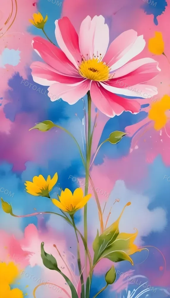 Digital Painting Large Pink Flowers With Blue Centers And Smaller Yellow Flowers Against A Soft Blue And Pink Background With Abstract Swirls Bold And Slim Lines Brush Strokes 9 0573