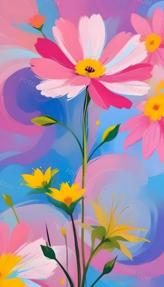 Digital Painting Large Pink Flowers With Blue Centers And Smaller Yellow Flowers Against A Soft Blue And Pink Background With Abstract Swirls Bold And Slim Lines Brush Strokes 91 Ed47