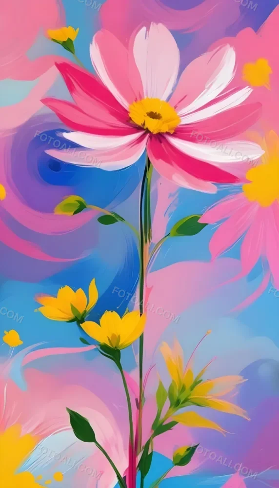 Digital Painting Large Pink Flowers With Blue Centers And Smaller Yellow Flowers Against A Soft Blue And Pink Background With Abstract Swirls Bold And Slim Lines Brush Strokes 94 3ebf