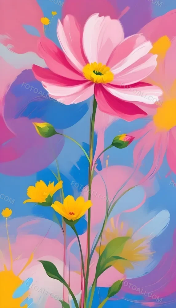Digital Painting Large Pink Flowers With Blue Centers And Smaller Yellow Flowers Against A Soft Blue And Pink Background With Abstract Swirls Bold And Slim Lines Brush Strokes 95 5757