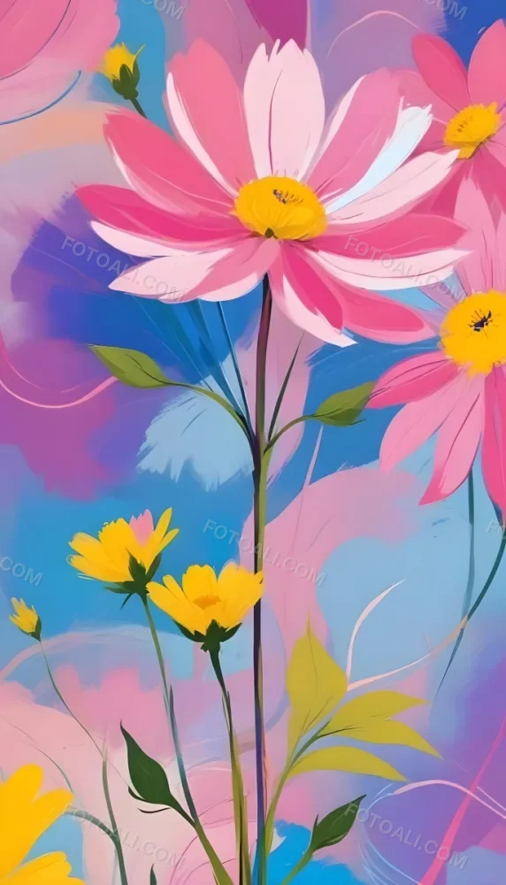 Digital Painting Large Pink Flowers With Blue Centers And Smaller Yellow Flowers Against A Soft Blue And Pink Background With Abstract Swirls Bold And Slim Lines Brush Strokes 96 Bc4f