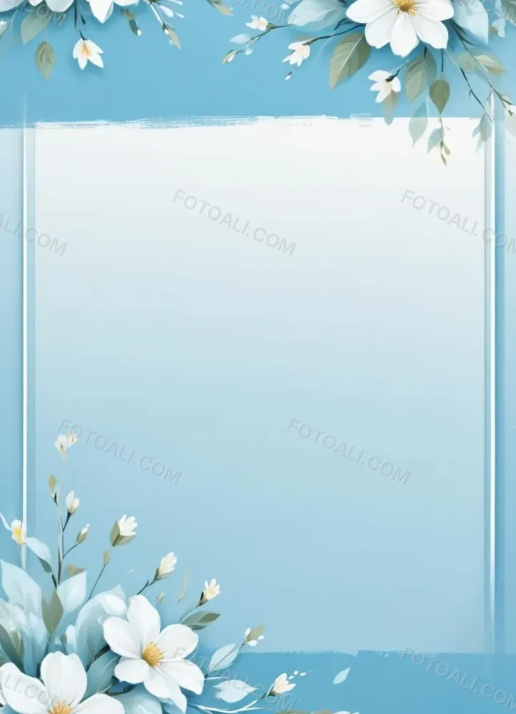 Digital Painting Light Blue Background With White Flowers In The Corners And Light Blue Lines On The Sides Minimalist Design Soft Colors Clean And Simple Bold And Slim Lines Brush Strokes 1 77db