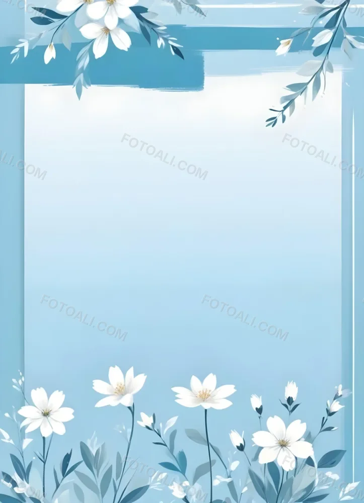 Digital Painting Light Blue Background With White Flowers In The Corners And Light Blue Lines On The Sides Minimalist Design Soft Colors Clean And Simple Bold And Slim Lines Brush Strokes 12 085e