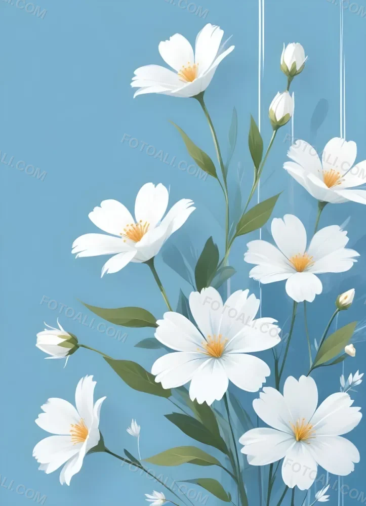 Digital Painting Light Blue Background With White Flowers In The Corners And Light Blue Lines On The Sides Minimalist Design Soft Colors Clean And Simple Bold And Slim Lines Brush Strokes 13 2135