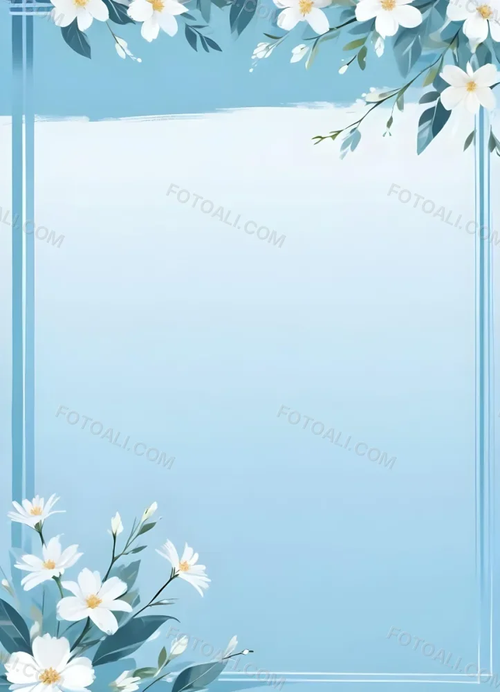 Digital Painting Light Blue Background With White Flowers In The Corners And Light Blue Lines On The Sides Minimalist Design Soft Colors Clean And Simple Bold And Slim Lines Brush Strokes 15 21d6
