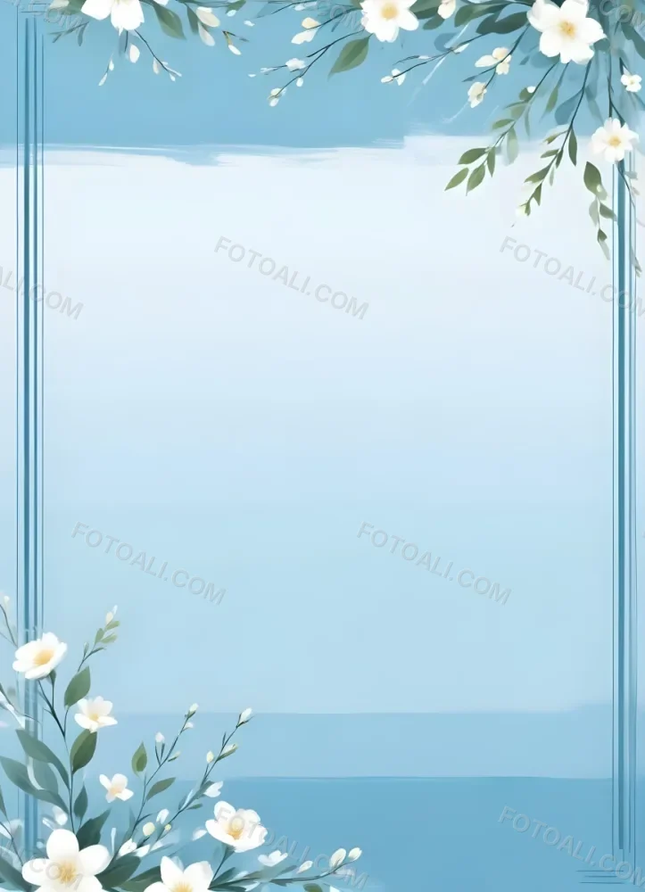 Digital Painting Light Blue Background With White Flowers In The Corners And Light Blue Lines On The Sides Minimalist Design Soft Colors Clean And Simple Bold And Slim Lines Brush Strokes 16 Ba37