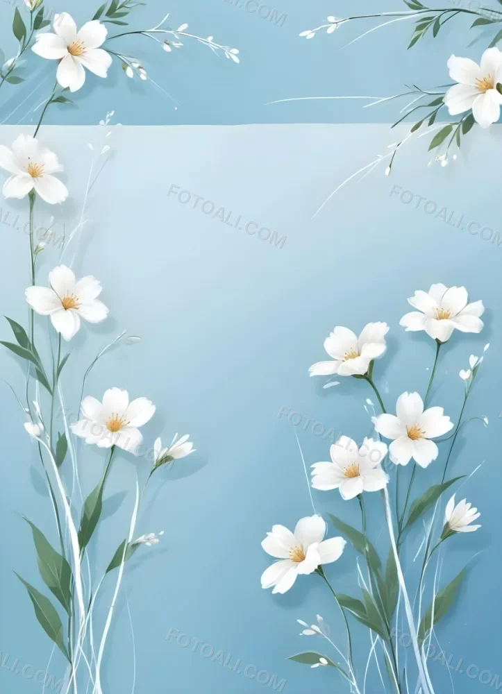 Digital Painting Light Blue Background With White Flowers In The Corners And Light Blue Lines On The Sides Minimalist Design Soft Colors Clean And Simple Bold And Slim Lines Brush Strokes 3 Ef3f