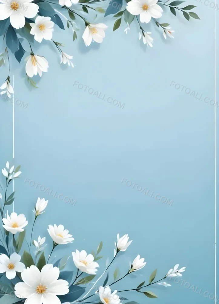 Digital Painting Light Blue Background With White Flowers In The Corners And Light Blue Lines On The Sides Minimalist Design Soft Colors Clean And Simple Bold And Slim Lines Brush Strokes 9 Ce0a