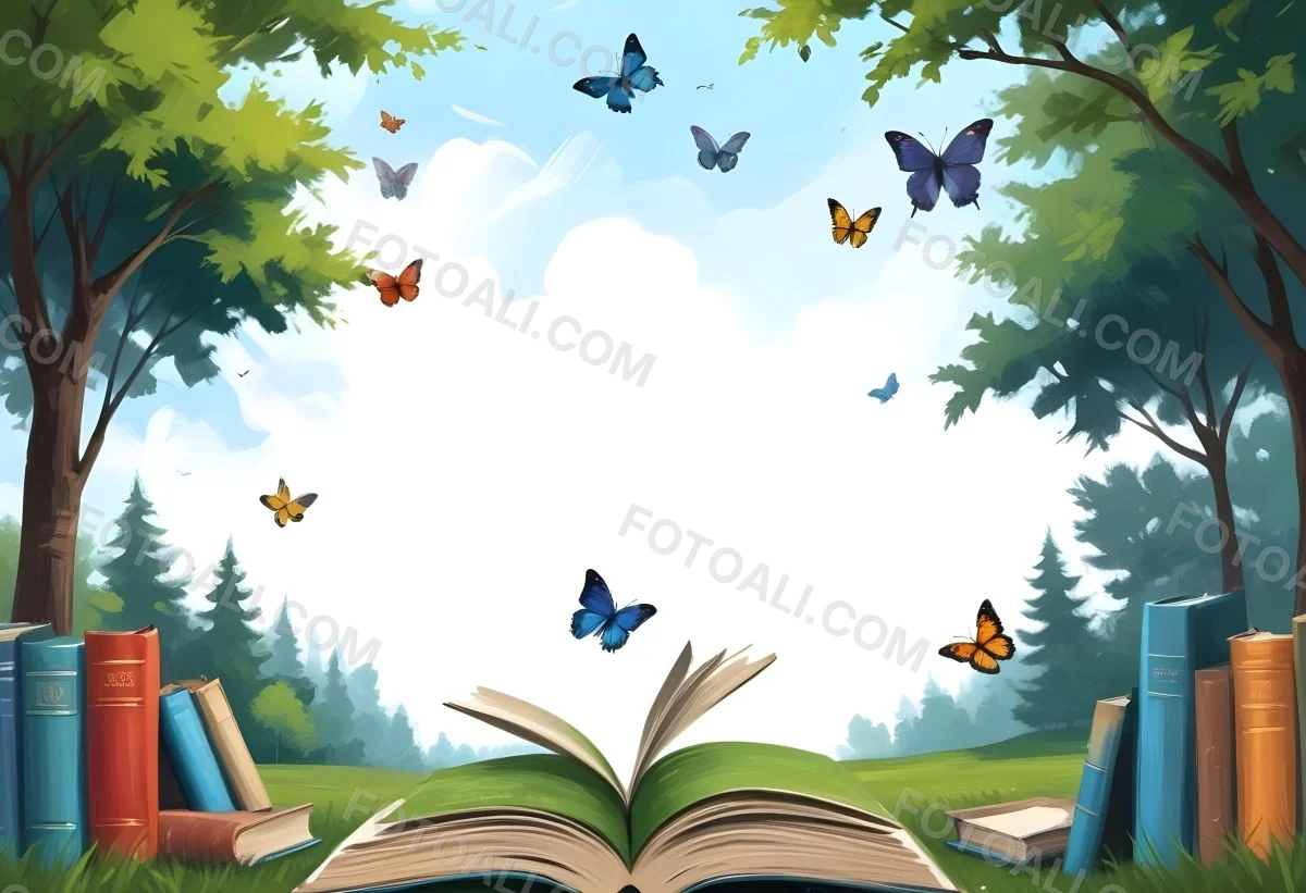 Digital Painting Open Book On The Grass With Books Around Trees And Butterfly In The Background Bold And Slim Lines Brush Strokes 1 C26c