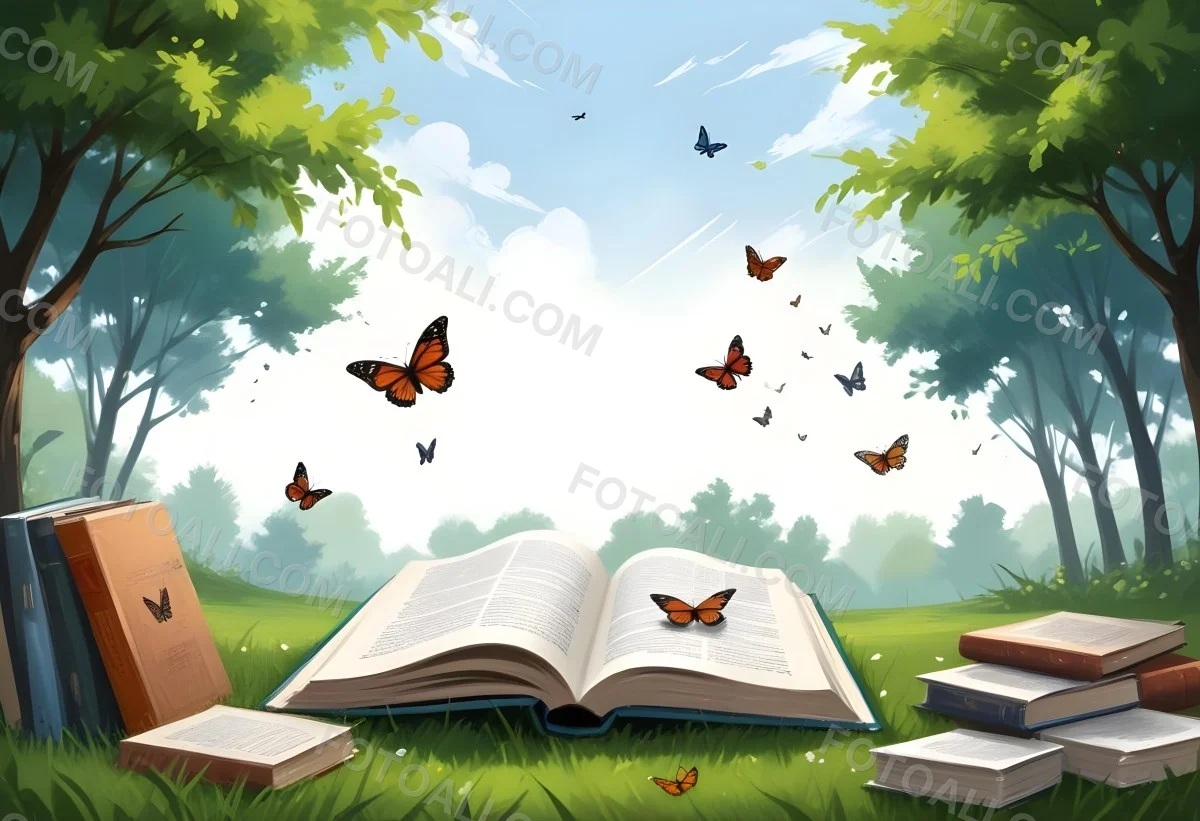 Digital Painting Open Book On The Grass With Books Around Trees And Butterfly In The Background Bold And Slim Lines Brush Strokes 19 A8a4