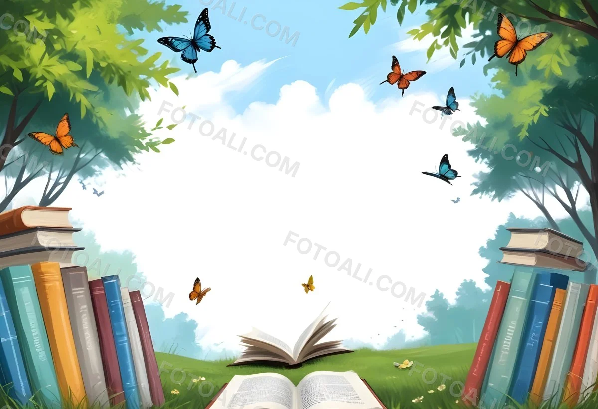 Digital Painting Open Book On The Grass With Books Around Trees And Butterfly In The Background Bold And Slim Lines Brush Strokes 20 Fc59