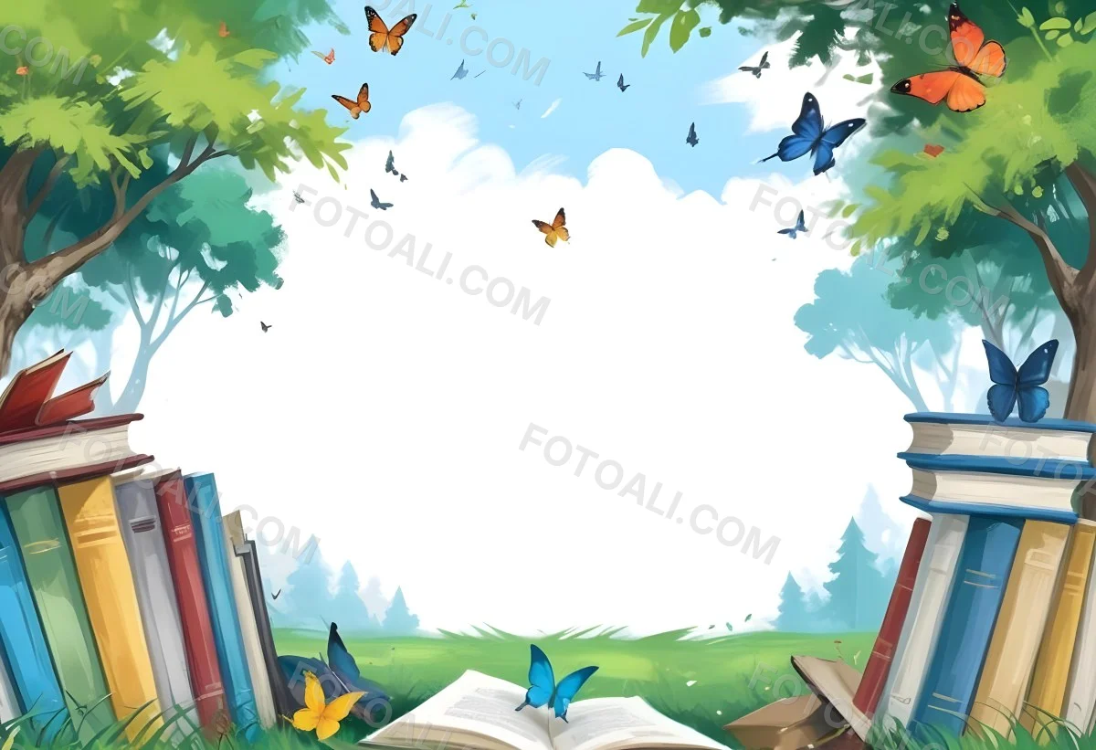 Digital Painting Open Book On The Grass With Books Around Trees And Butterfly In The Background Bold And Slim Lines Brush Strokes 32 A934