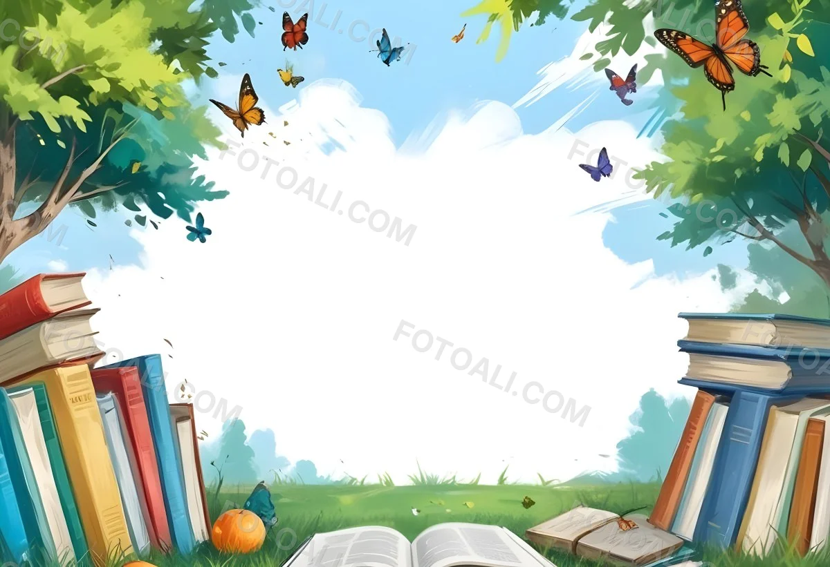 Digital Painting Open Book On The Grass With Books Around Trees And Butterfly In The Background Bold And Slim Lines Brush Strokes 42 352a