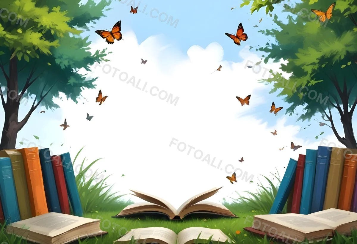 Digital Painting Open Book On The Grass With Books Around Trees And Butterfly In The Background Bold And Slim Lines Brush Strokes 5 526e