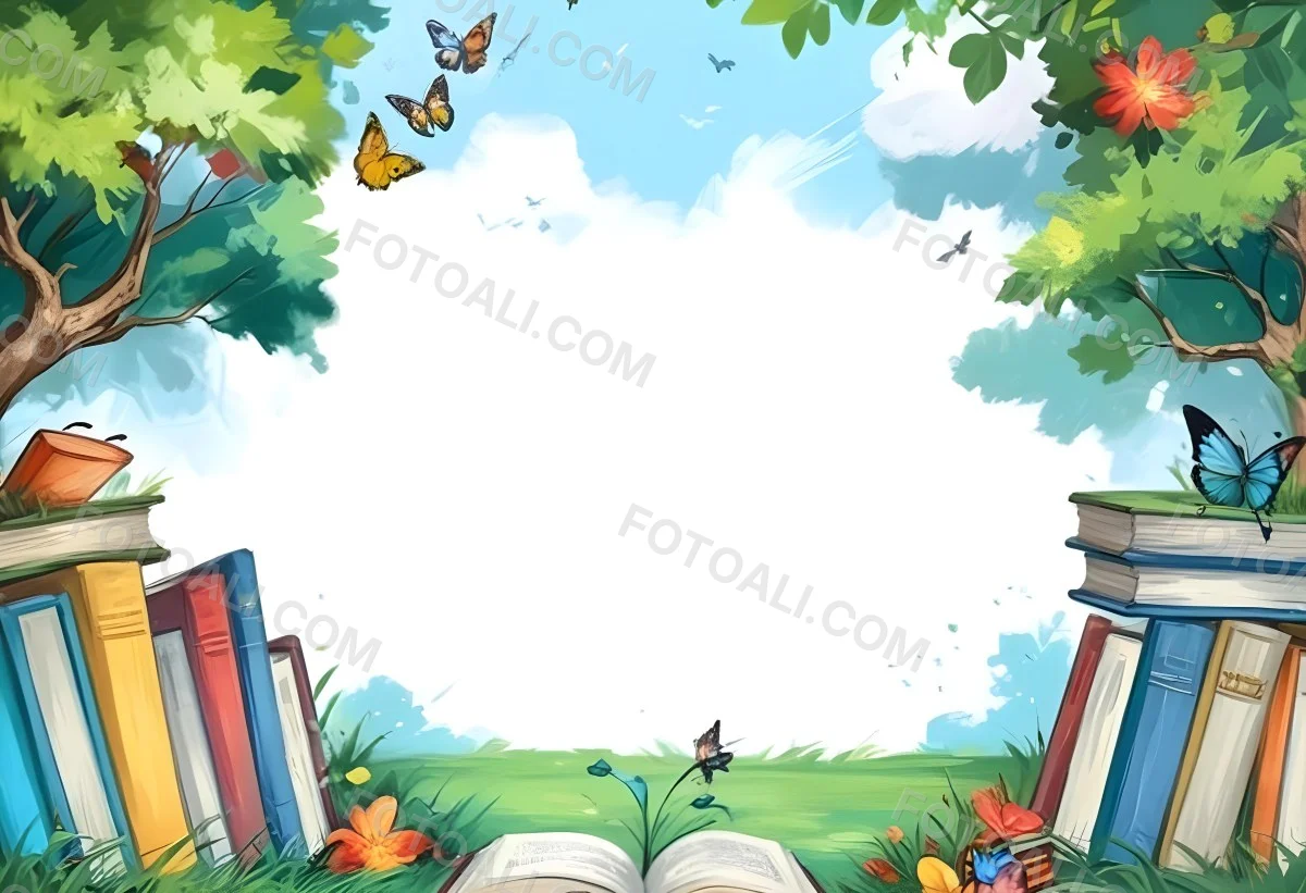 Digital Painting Open Book On The Grass With Books Around Trees And Butterfly In The Background Bold And Slim Lines Brush Strokes 53 0204