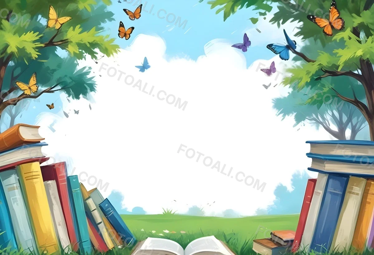 Digital Painting Open Book On The Grass With Books Around Trees And Butterfly In The Background Bold And Slim Lines Brush Strokes 55 9e35