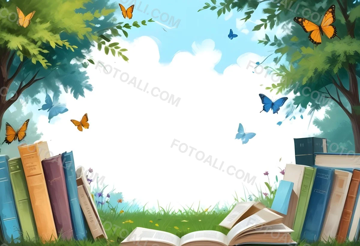 Digital Painting Open Book On The Grass With Books Around Trees And Butterfly In The Background Bold And Slim Lines Brush Strokes 57 64d9