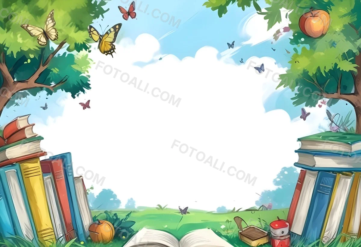 Digital Painting Open Book On The Grass With Books Around Trees And Butterfly In The Background Bold And Slim Lines Brush Strokes 58 2347