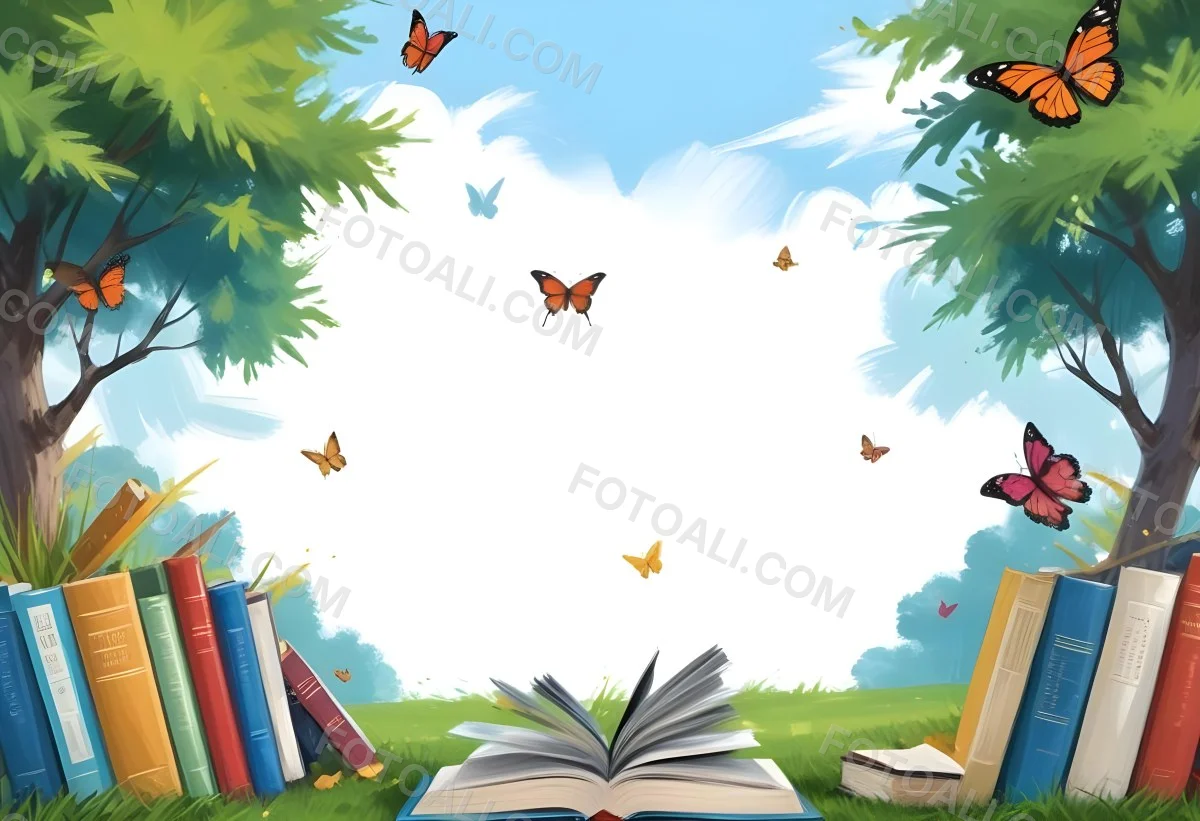 Digital Painting Open Book On The Grass With Books Around Trees And Butterfly In The Background Bold And Slim Lines Brush Strokes 6 65c0