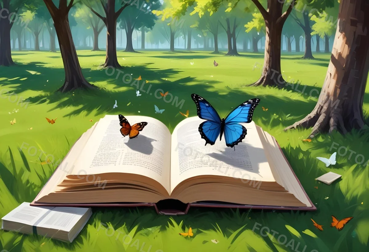 Digital Painting Open Book On The Grass With Books Around Trees And Butterfly In The Background Bold And Slim Lines Brush Strokes 7 69f5