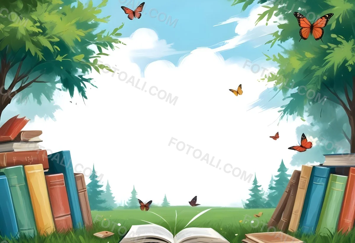 Digital Painting Open Book On The Grass With Books Around Trees And Butterfly In The Background Bold And Slim Lines Brush Strokes 8 2664