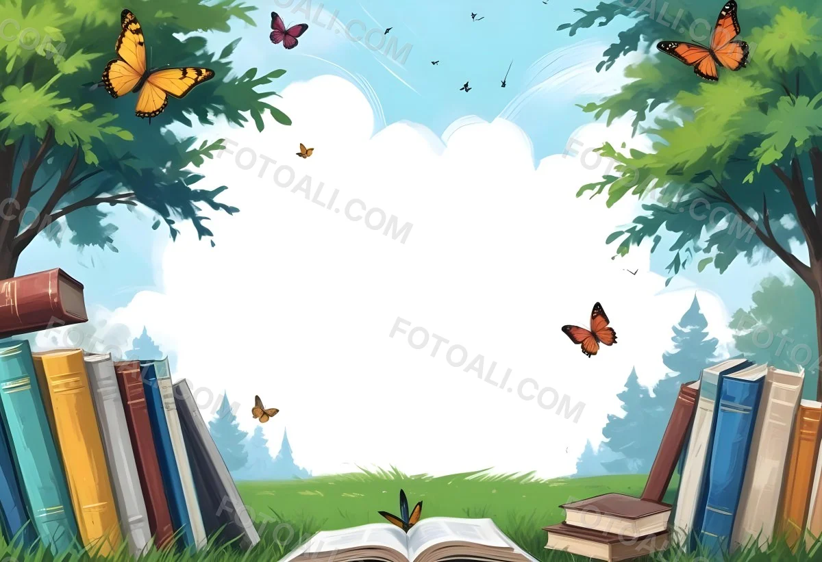Digital Painting Open Book On The Grass With Books Around Trees And Butterfly In The Background Bold And Slim Lines Brush Strokes 9 Eb5e