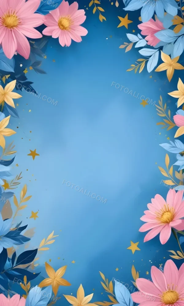 Digital Painting Pastel Flowers In Blue Blue And Blue With Blue Leaves Arranged In A Circle Around A Light Blue Background With Small Gold Stars Bold And Slim Lines Brush Strokes 1 D0b0