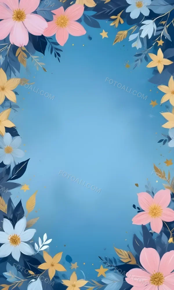 Digital Painting Pastel Flowers In Blue Blue And Blue With Blue Leaves Arranged In A Circle Around A Light Blue Background With Small Gold Stars Bold And Slim Lines Brush Strokes 13 40e9