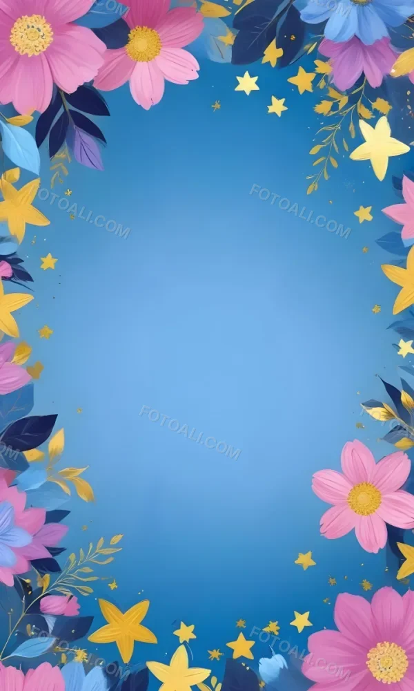 Digital Painting Pastel Flowers In Blue Blue And Blue With Blue Leaves Arranged In A Circle Around A Light Blue Background With Small Gold Stars Bold And Slim Lines Brush Strokes 2 Abc2