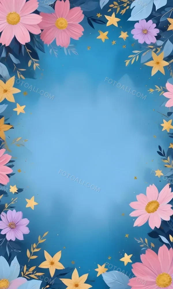 Digital Painting Pastel Flowers In Blue Blue And Blue With Blue Leaves Arranged In A Circle Around A Light Blue Background With Small Gold Stars Bold And Slim Lines Brush Strokes 3 34a2