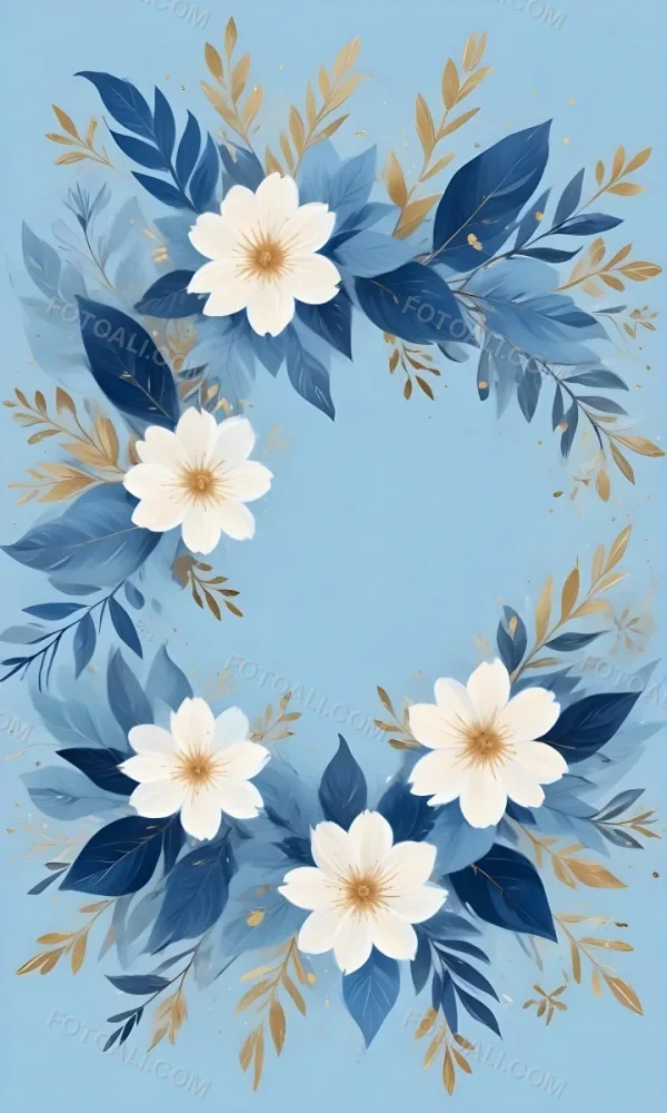 Digital Painting Pastel Flowers In Blue Blue And Blue With Blue Leaves Arranged In A Circle Around A Light Blue Background With Small Gold Stars Bold And Slim Lines Brush Strokes 7 2613