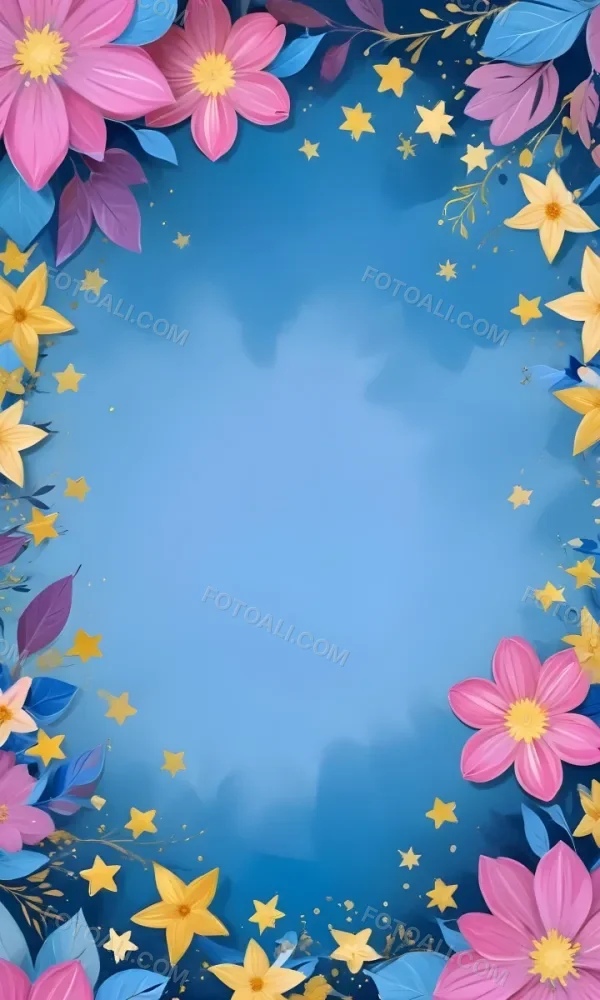 Digital Painting Pastel Flowers In Blue Blue And Blue With Blue Leaves Arranged In A Circle Around A Light Blue Background With Small Gold Stars Bold And Slim Lines Brush Strokes 9 16a7