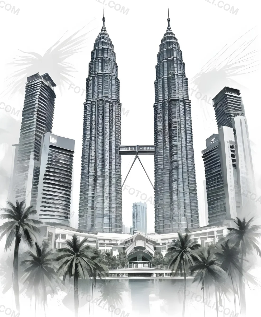 Digital Painting Petronas Towers In Kuala Lumpur Malaysia Surrounded By Skyscrapers And Palm Trees Bold And Slim Lines Brush Strokes 13 28c0