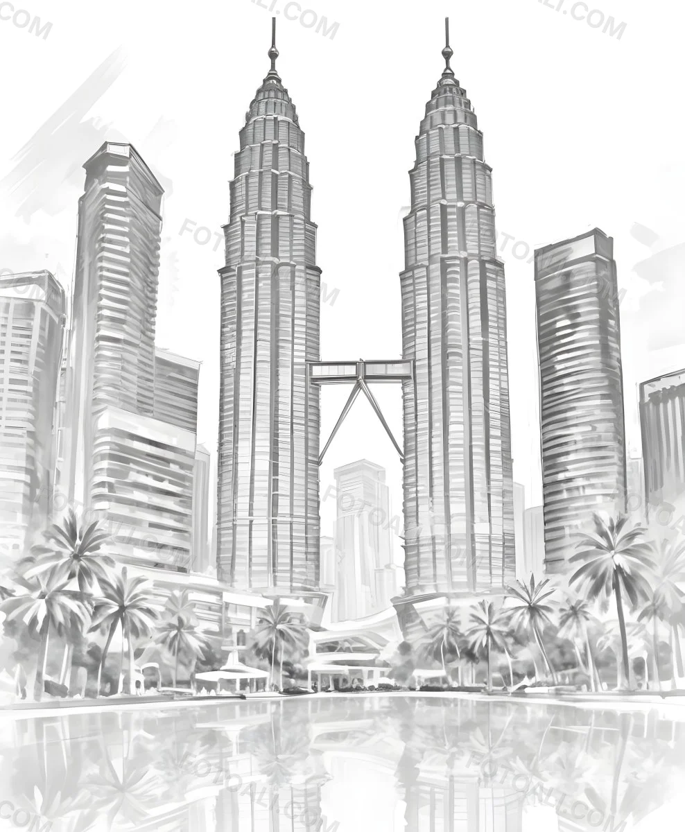 Digital Painting Petronas Towers In Kuala Lumpur Malaysia Surrounded By Skyscrapers And Palm Trees Bold And Slim Lines Brush Strokes 17 A11c