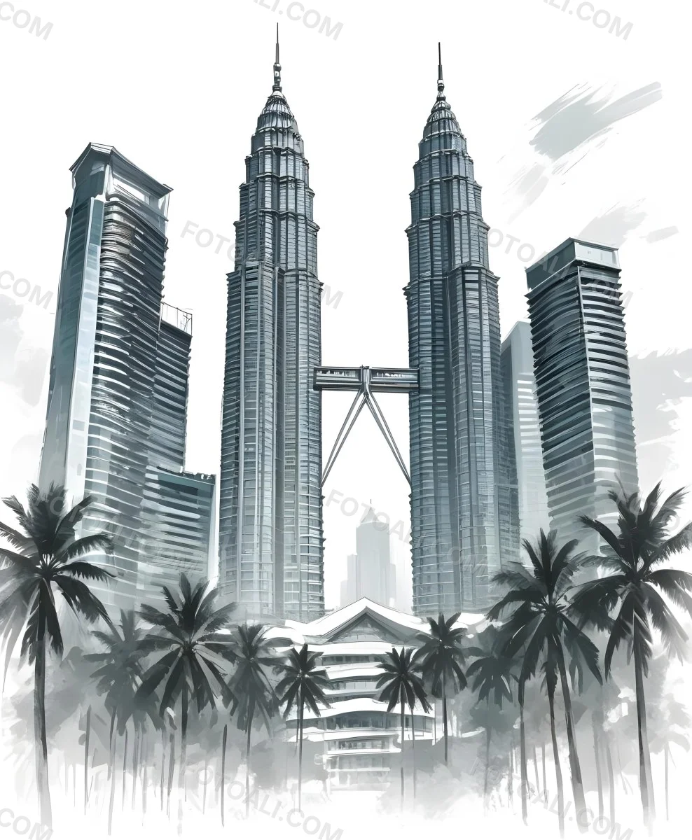 Digital Painting Petronas Towers In Kuala Lumpur Malaysia Surrounded By Skyscrapers And Palm Trees Bold And Slim Lines Brush Strokes 20 B051