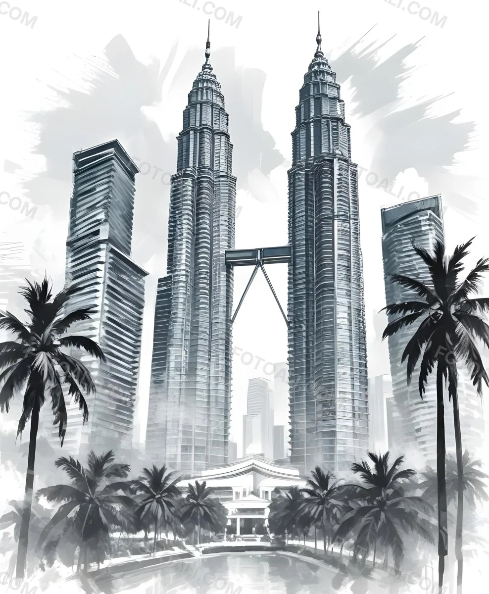 Digital Painting Petronas Towers In Kuala Lumpur Malaysia Surrounded By Skyscrapers And Palm Trees Bold And Slim Lines Brush Strokes 22 2d35