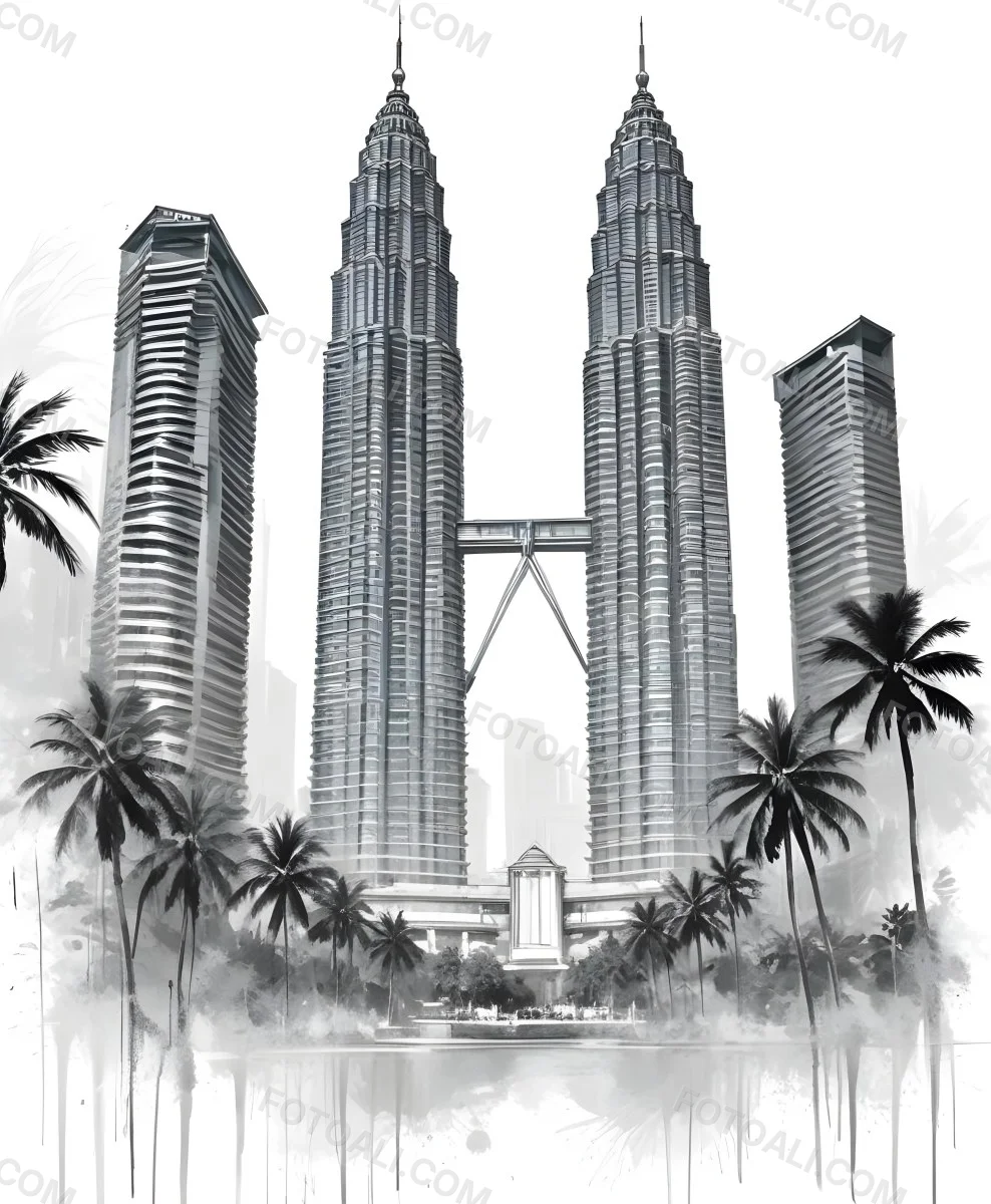 Digital Painting Petronas Towers In Kuala Lumpur Malaysia Surrounded By Skyscrapers And Palm Trees Bold And Slim Lines Brush Strokes 3 Dabc