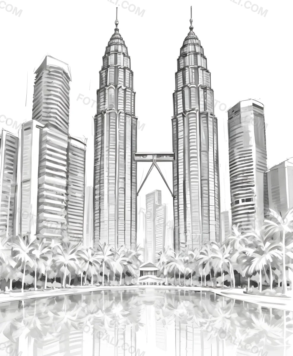 Digital Painting Petronas Towers In Kuala Lumpur Malaysia Surrounded By Skyscrapers And Palm Trees Bold And Slim Lines Brush Strokes 31 Aba3