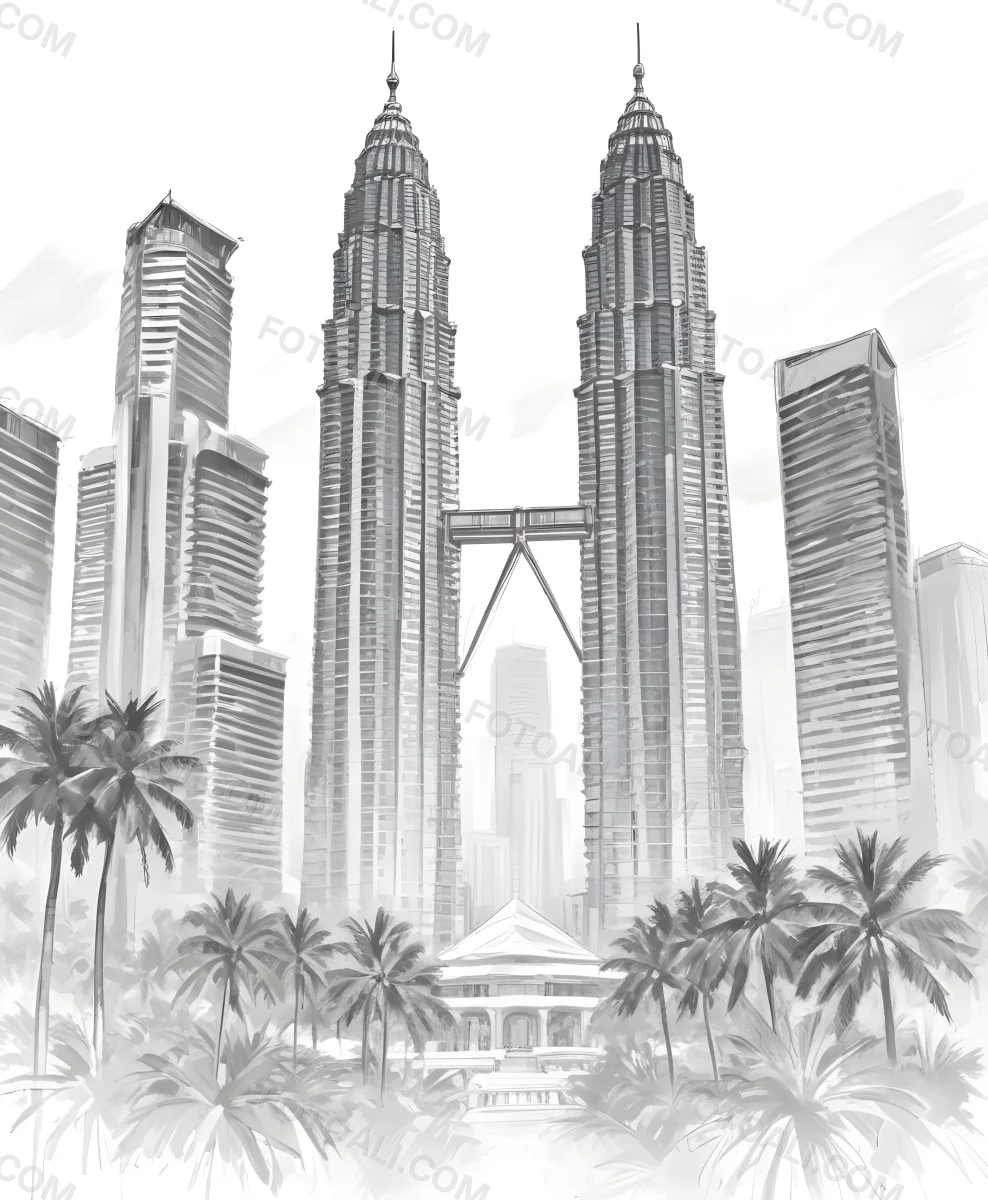 Digital Painting Petronas Towers In Kuala Lumpur Malaysia Surrounded By Skyscrapers And Palm Trees Bold And Slim Lines Brush Strokes 35 5c80