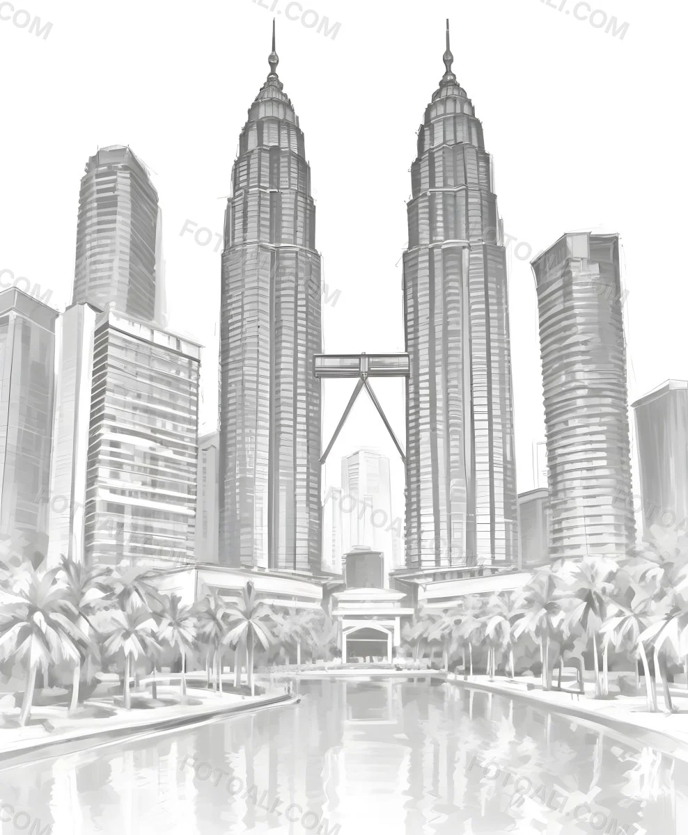 Digital Painting Petronas Towers In Kuala Lumpur Malaysia Surrounded By Skyscrapers And Palm Trees Bold And Slim Lines Brush Strokes 37 E407