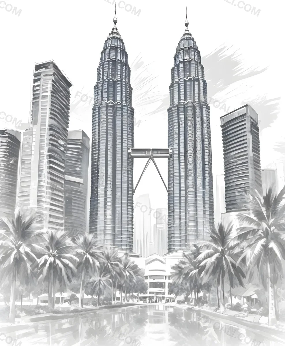 Digital Painting Petronas Towers In Kuala Lumpur Malaysia Surrounded By Skyscrapers And Palm Trees Bold And Slim Lines Brush Strokes 39 E4b7