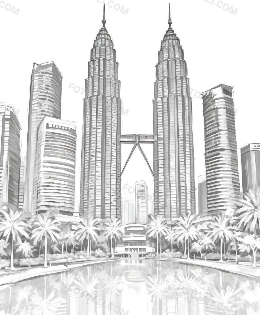 Digital Painting Petronas Towers In Kuala Lumpur Malaysia Surrounded By Skyscrapers And Palm Trees Bold And Slim Lines Brush Strokes 4 7199