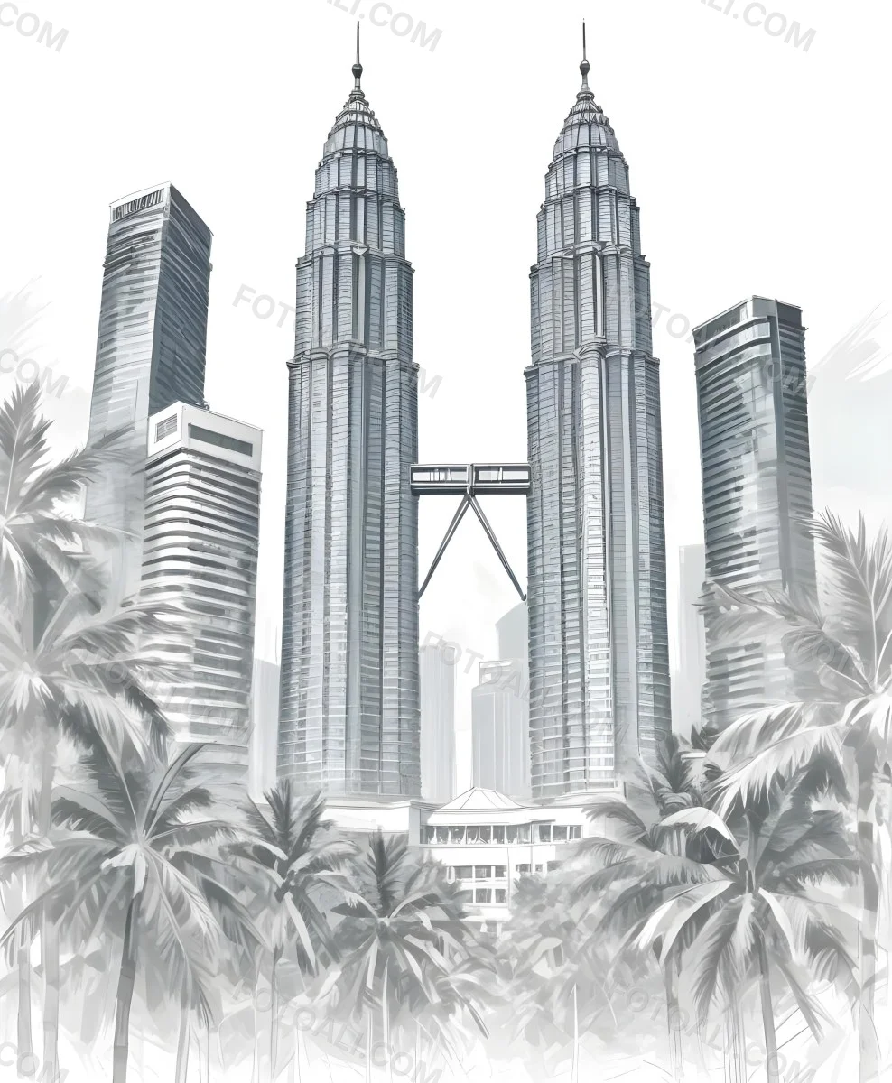 Digital Painting Petronas Towers In Kuala Lumpur Malaysia Surrounded By Skyscrapers And Palm Trees Bold And Slim Lines Brush Strokes 41 5125