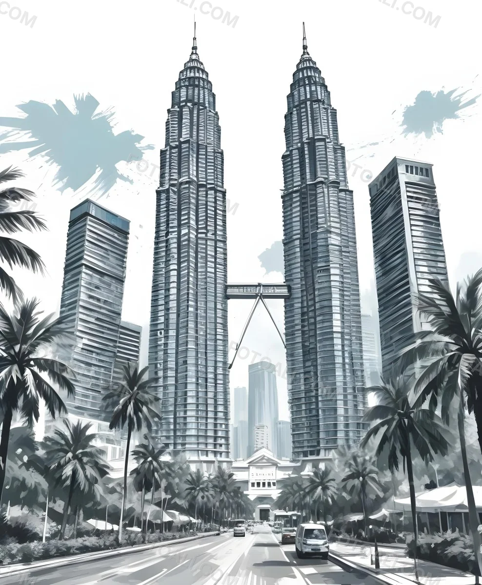 Digital Painting Petronas Towers In Kuala Lumpur Malaysia Surrounded By Skyscrapers And Palm Trees Bold And Slim Lines Brush Strokes 42 7930