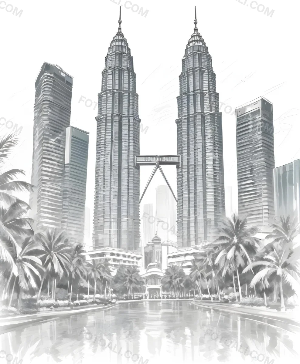 Digital Painting Petronas Towers In Kuala Lumpur Malaysia Surrounded By Skyscrapers And Palm Trees Bold And Slim Lines Brush Strokes 43 Baab