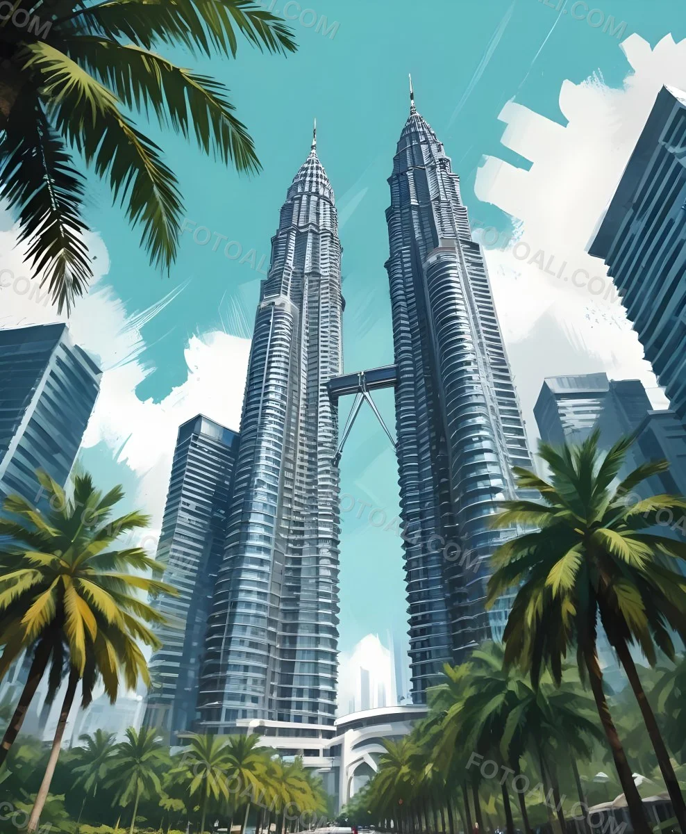 Digital Painting Petronas Towers In Kuala Lumpur Malaysia Surrounded By Skyscrapers And Palm Trees Bold And Slim Lines Brush Strokes 5 Ff8c