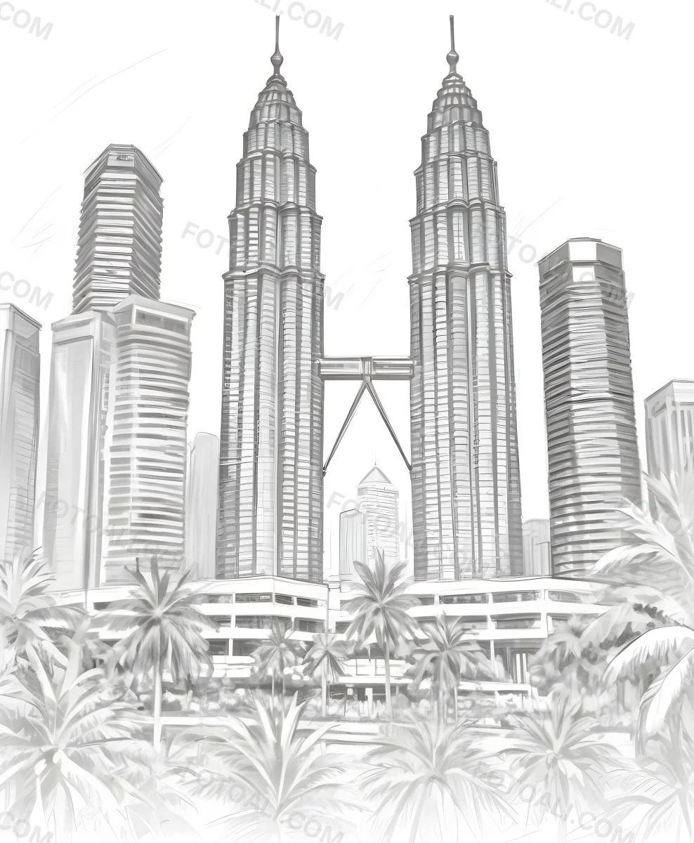 Digital Painting Petronas Towers In Kuala Lumpur Malaysia Surrounded By Skyscrapers And Palm Trees Bold And Slim Lines Brush Strokes 6 E6be